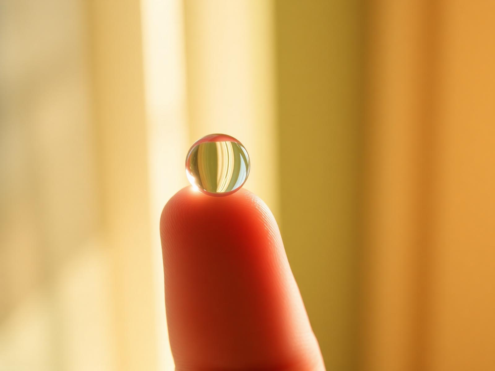 A close-up of a clear contact lens balanced on the fingertip of a hand against a softly blurred warm yellow and orange background.