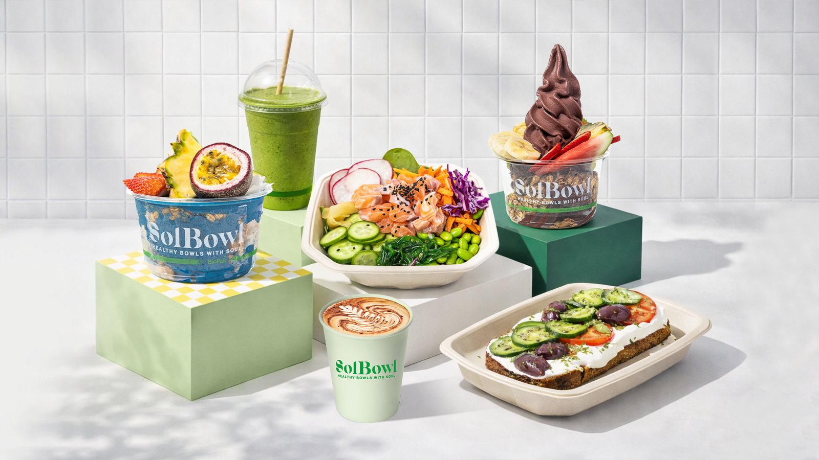 The SolBowl range: an açaí bowl, a green smoothie, a poke bowl, a coffee and toast