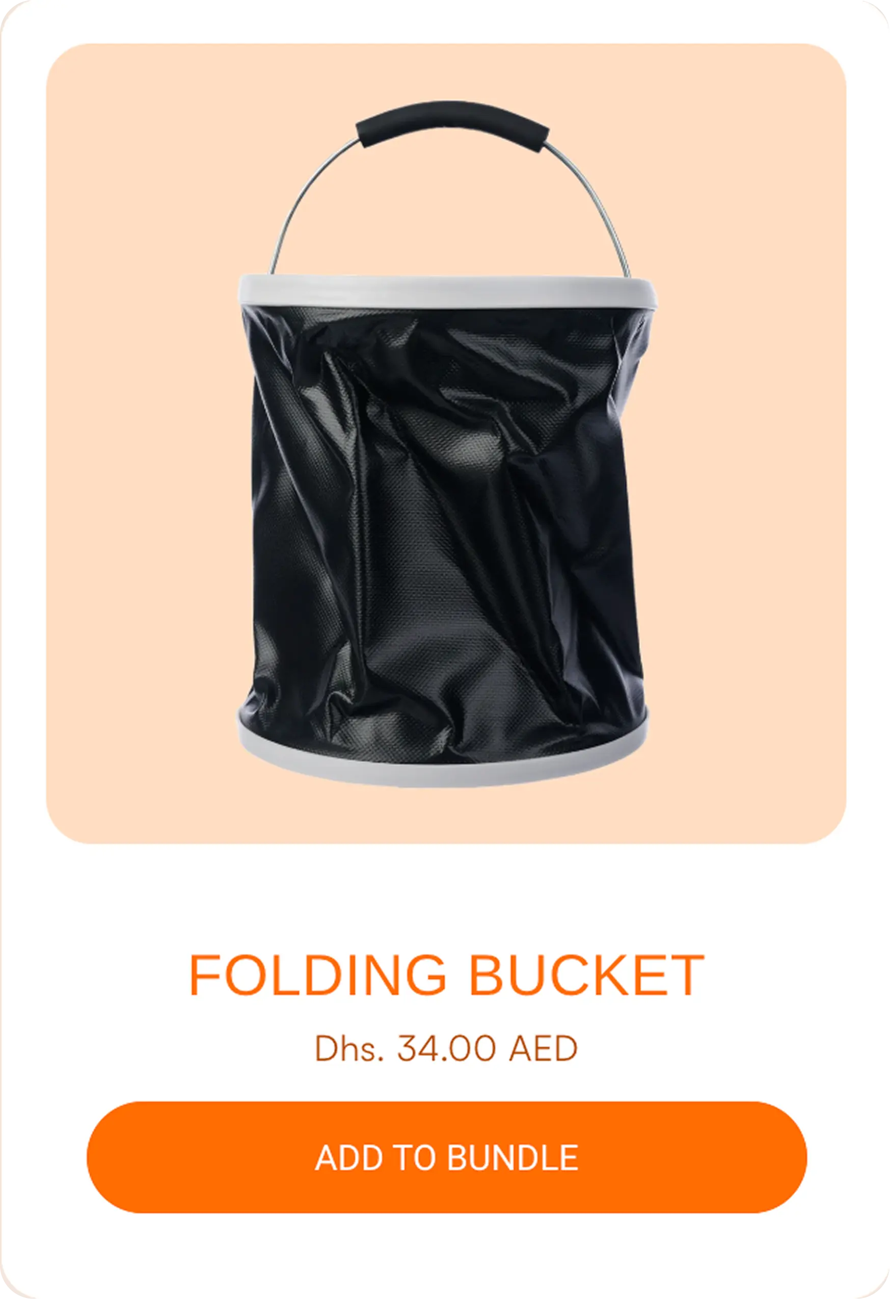 Black collapsible folding bucket with gray rim and handle on beige background.