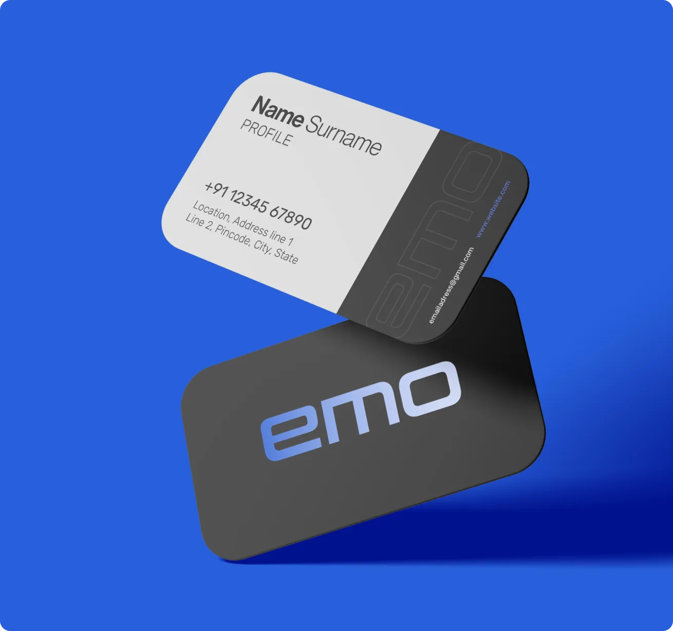 Two business cards with rounded corners; the front card is light grey with placeholder text including a name, phone number, and address, and a dark vertical stripe with the word 'emo' and contact info; the back card is black with the word 'emo' in gradient blue and white letters on a blue background.