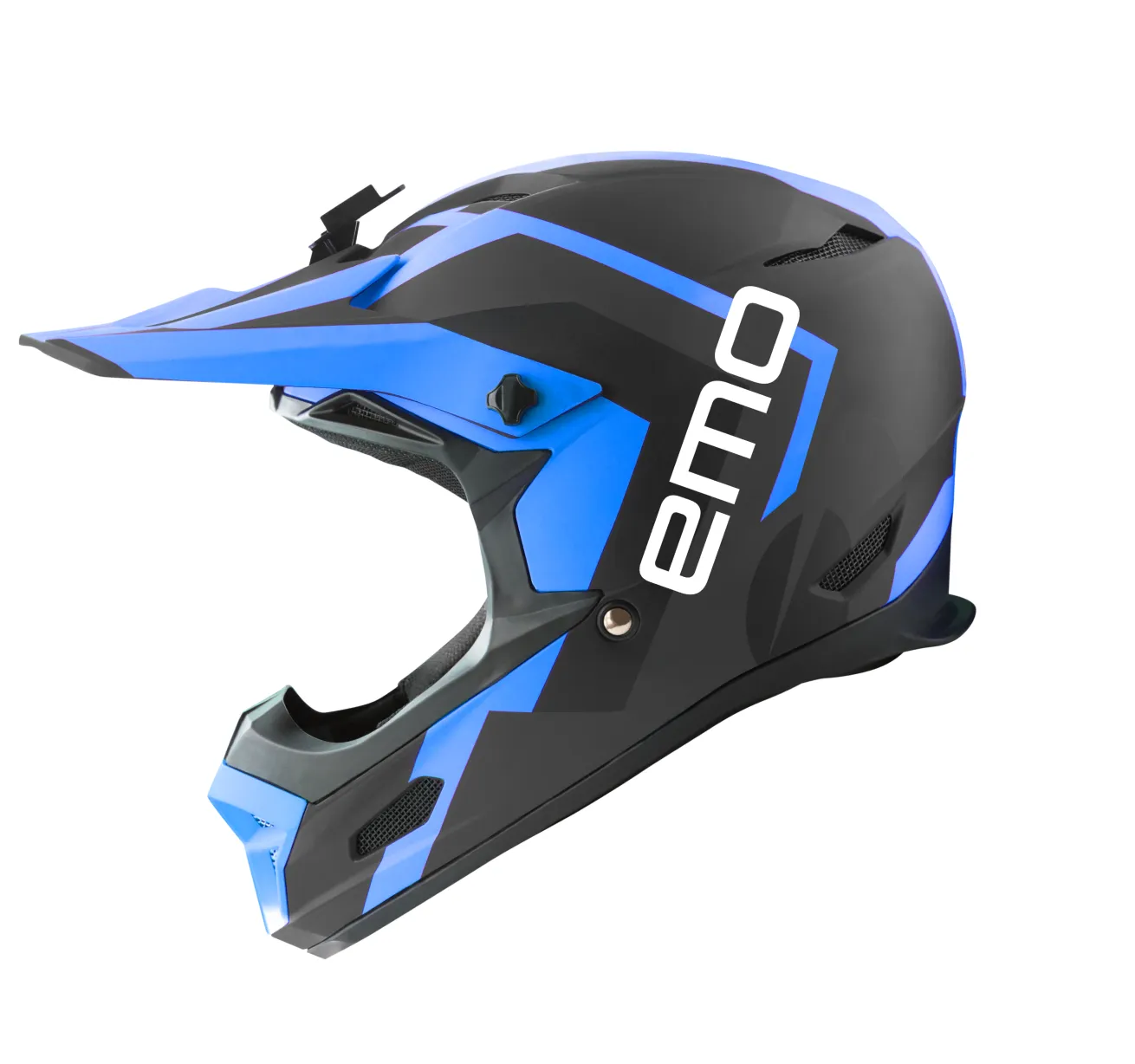 Black and blue motocross helmet with a visor and the word 'emo' in white on the side.