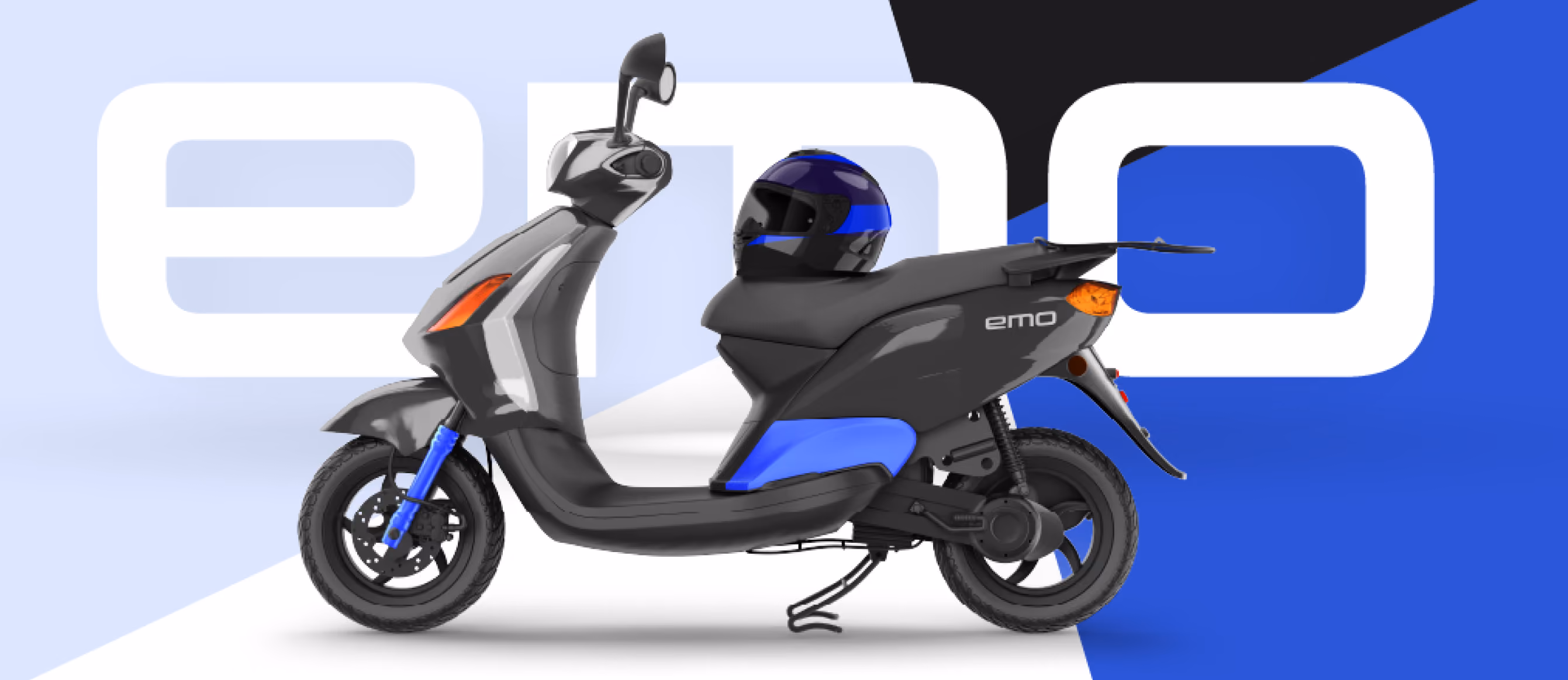 Side view of a sleek black and blue electric scooter with a blue and black helmet placed on the seat, against a background with large stylized letters spelling 'emo'.