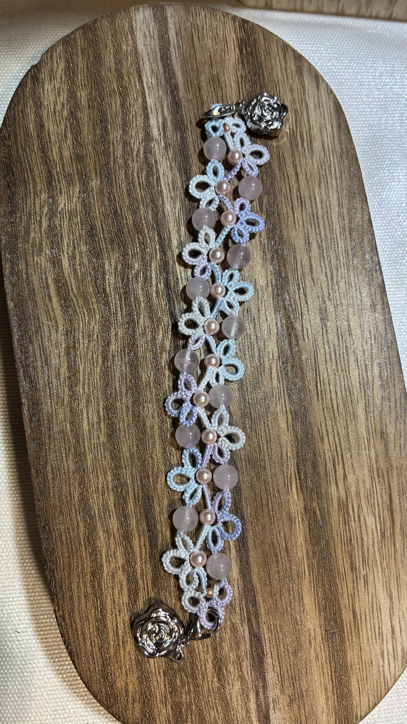 粉晶 梭編手鍊 珍珠