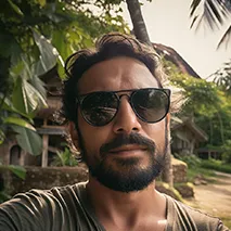 Man with beard and sunglasses taking a selfie outdoors with tropical plants and huts in the background.