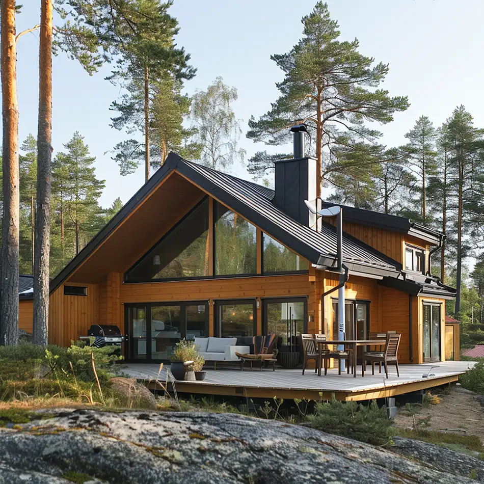 Modern wooden house with large windows, outdoor seating, and forest surroundings.