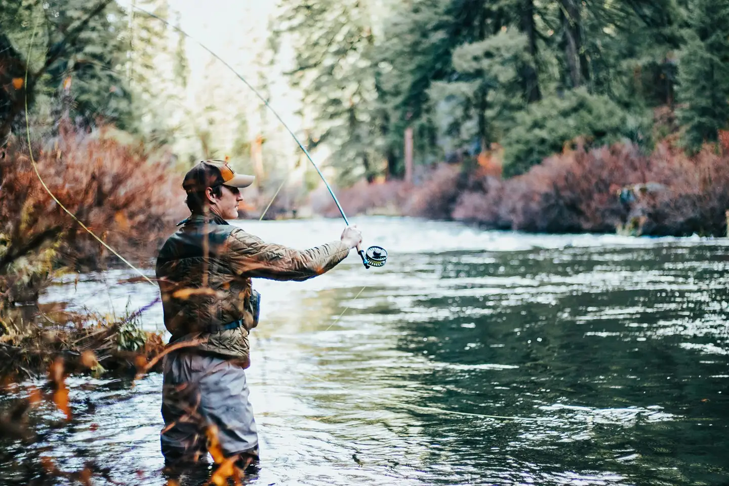 Man fly fishing in a river surrounded by autumn trees and bushes.