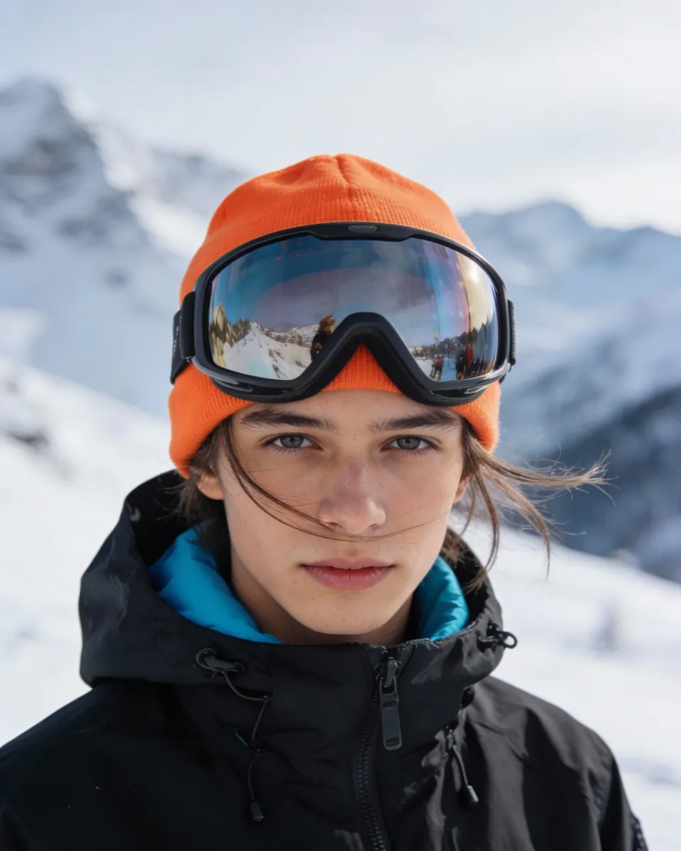 Young person wearing an orange beanie and ski goggles in snowy mountain landscape.