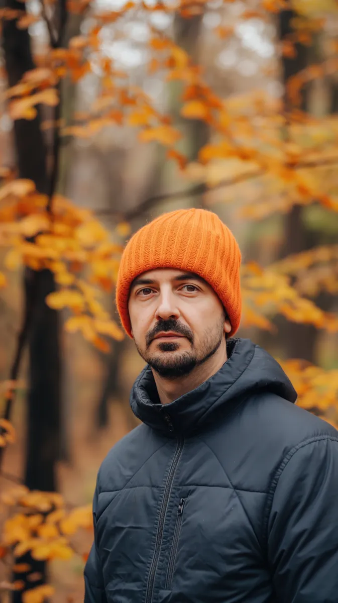 Man wearing an orange beanie and dark jacket standing outdoors with autumn leaves in the background.