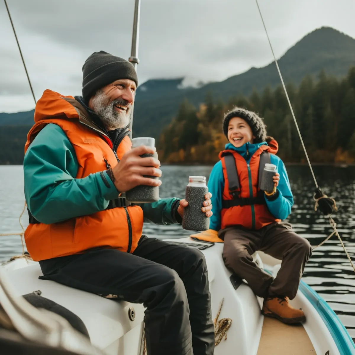 Smiling older man and boy in life jackets sitting on a sailboat, holding gray drink containers.