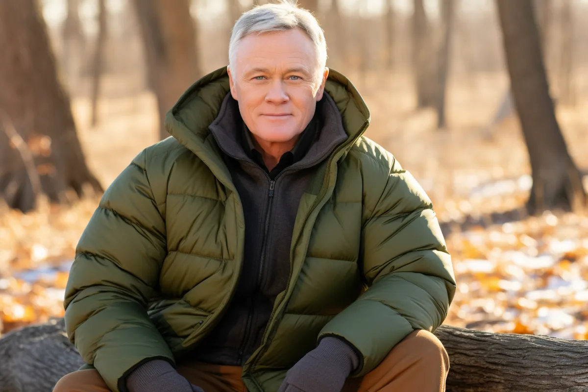 Smiling older man wearing green puffer jacket sitting on a log in autumn forest with fallen leaves.