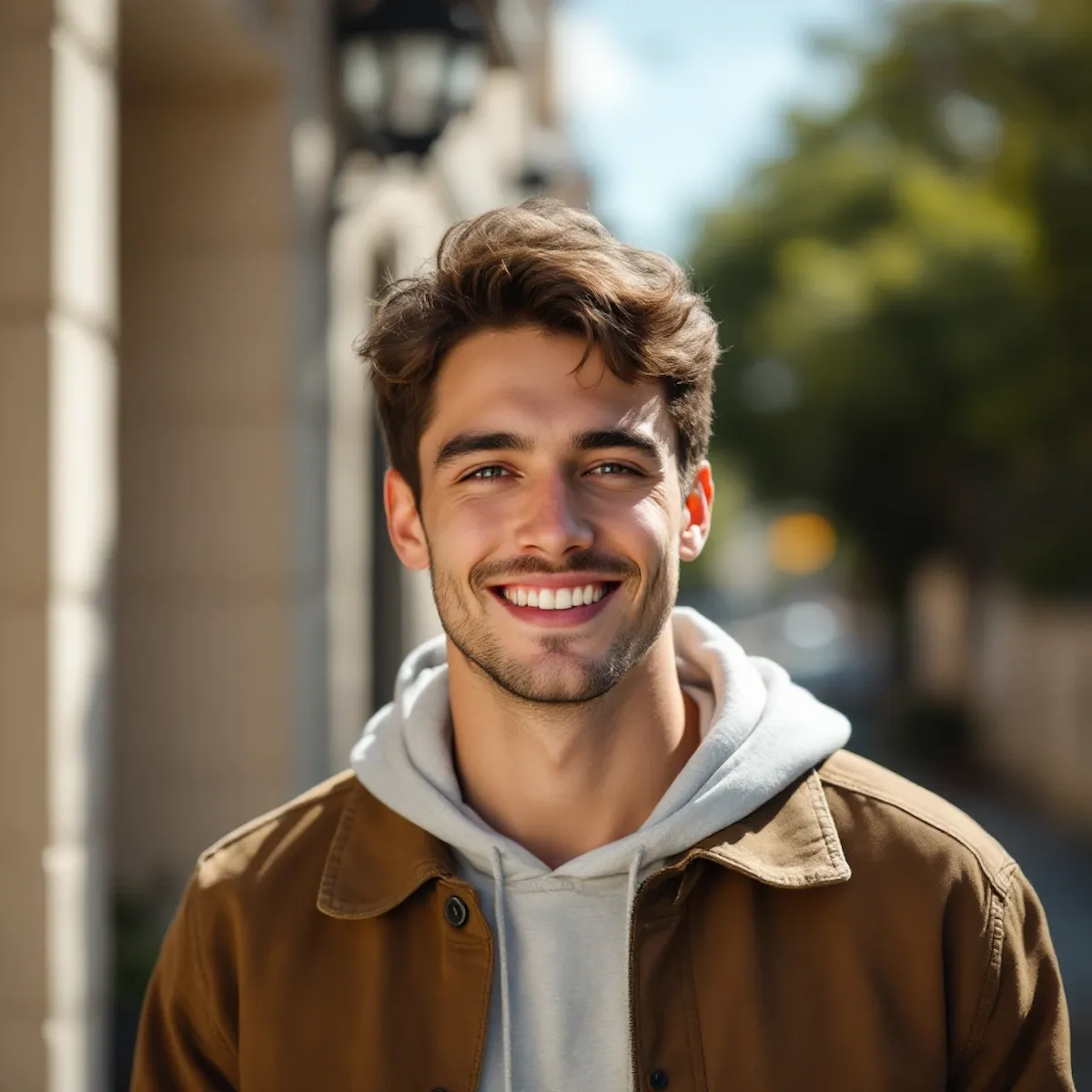 Smiling young man with brown hair in hoodie and brown jacket outdoors on a sunny day.