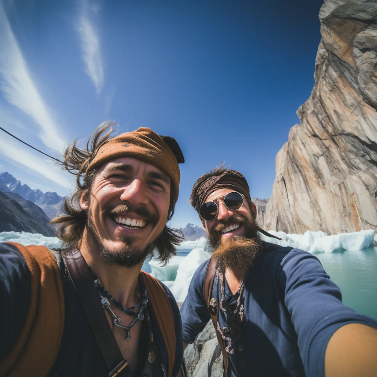 Two men smiling taking a selfie near icy water with icebergs and rocky cliffs in background.