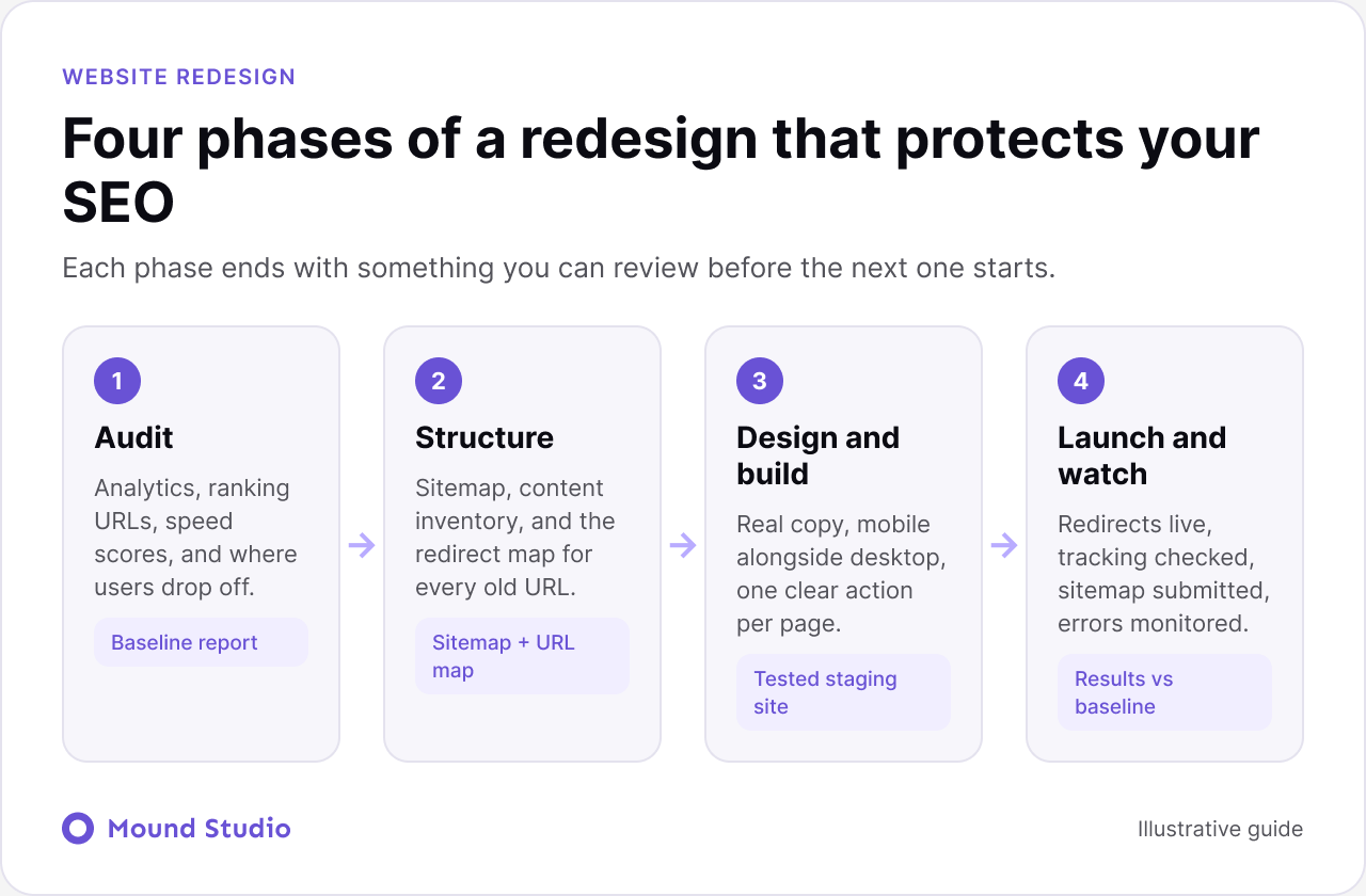 Infographic showing the phases of a website redesign checklist from audit to launch and monitoring, by Mound Studio