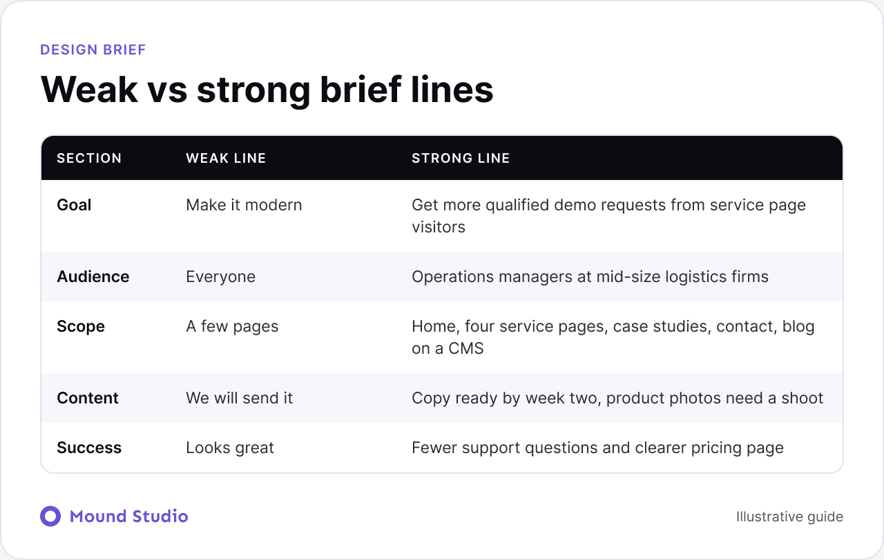 Weak versus strong website design brief lines for goal, audience, scope, content and success, by Mound Studio
