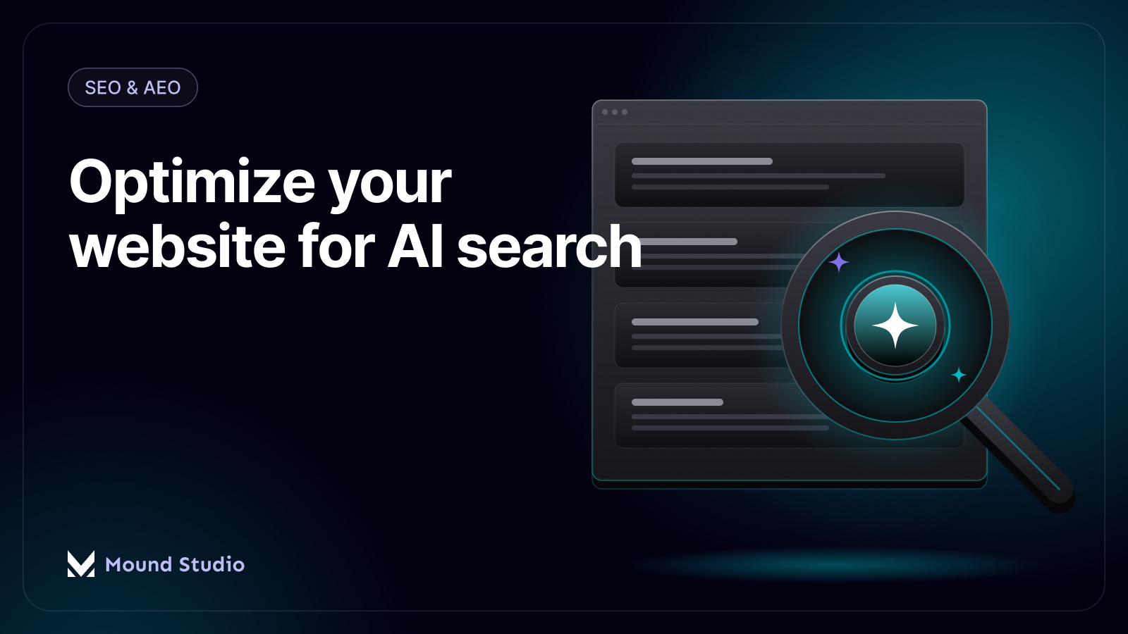 Magnifier over search results for AI search optimization, by Mound Studio