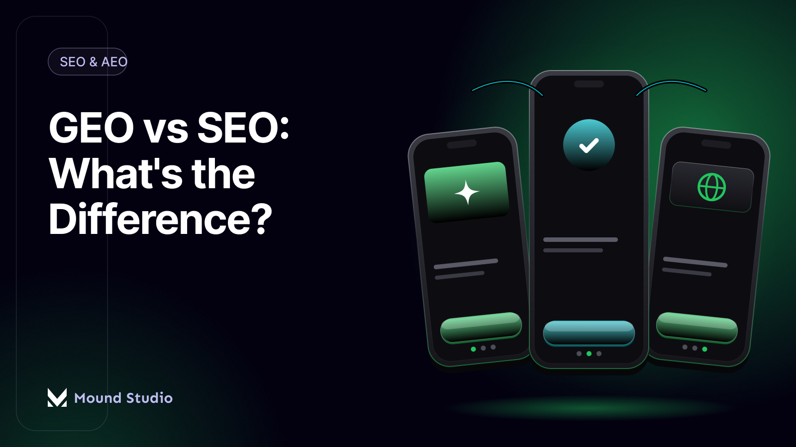 GEO vs SEO thumbnail with three phone screens showing AI check, sparkle, and globe icons, by Mound Studio