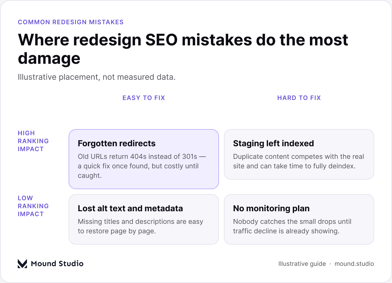 Matrix comparing common website redesign SEO mistakes by ranking impact and how easy each is to fix, by Mound Studio
