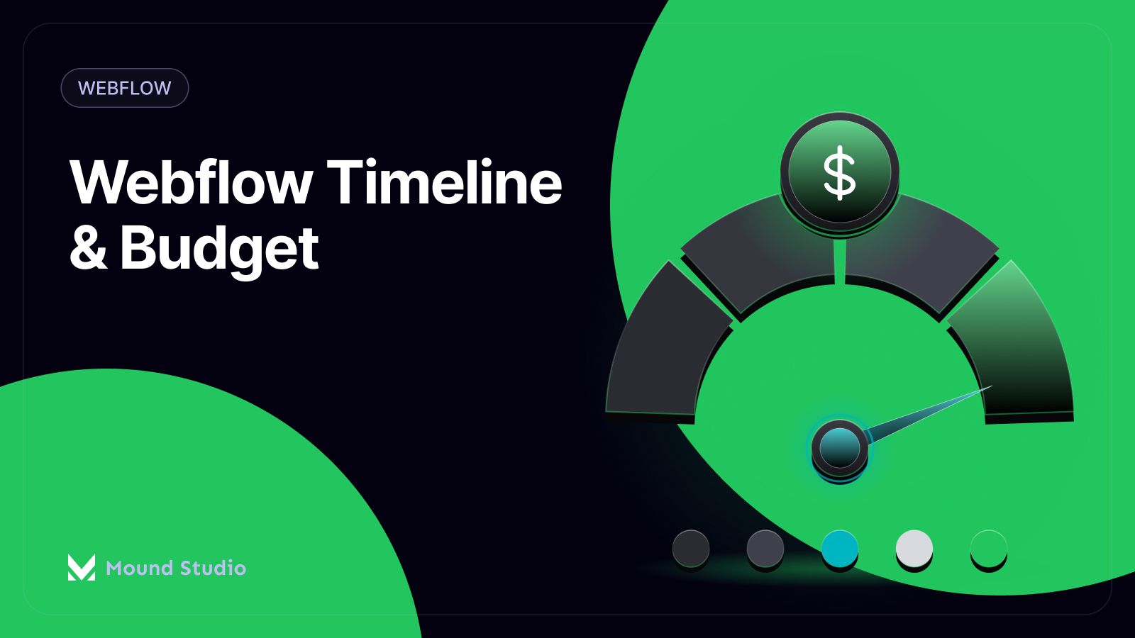 Dark glossy budget and timeline dial illustration for a Webflow project planning guide, by Mound Studio