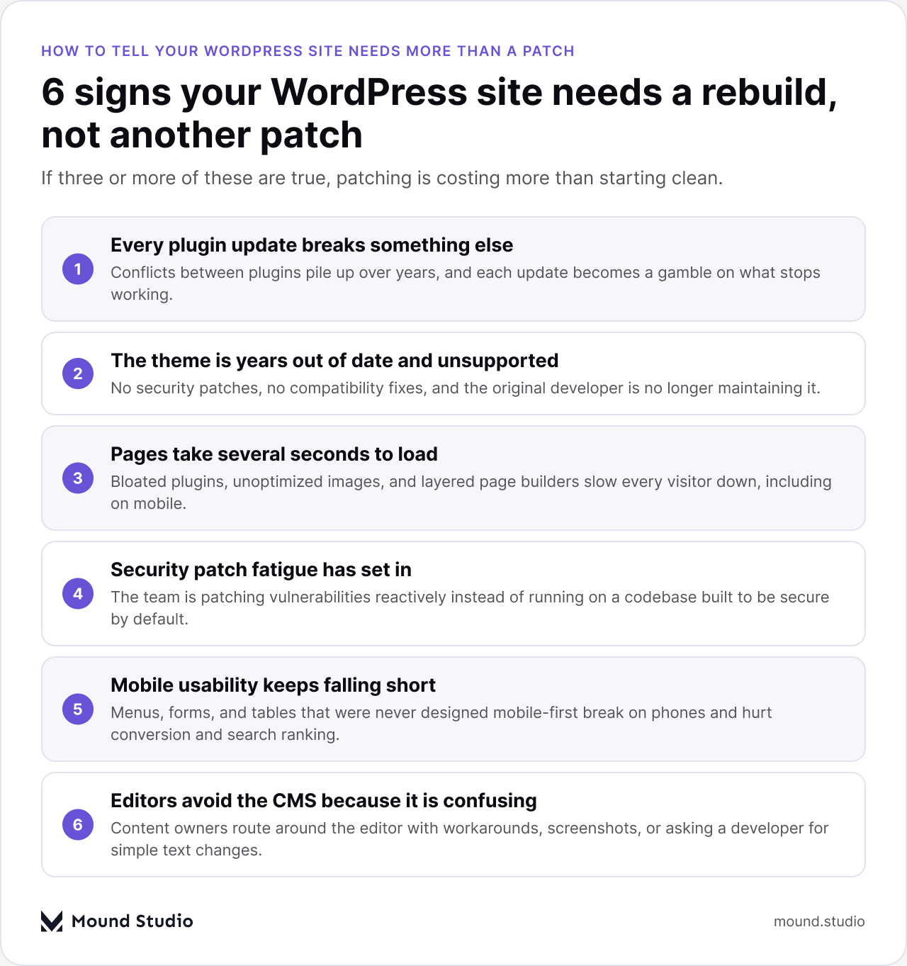 Six warning signs that a WordPress website needs a rebuild, by Mound Studio