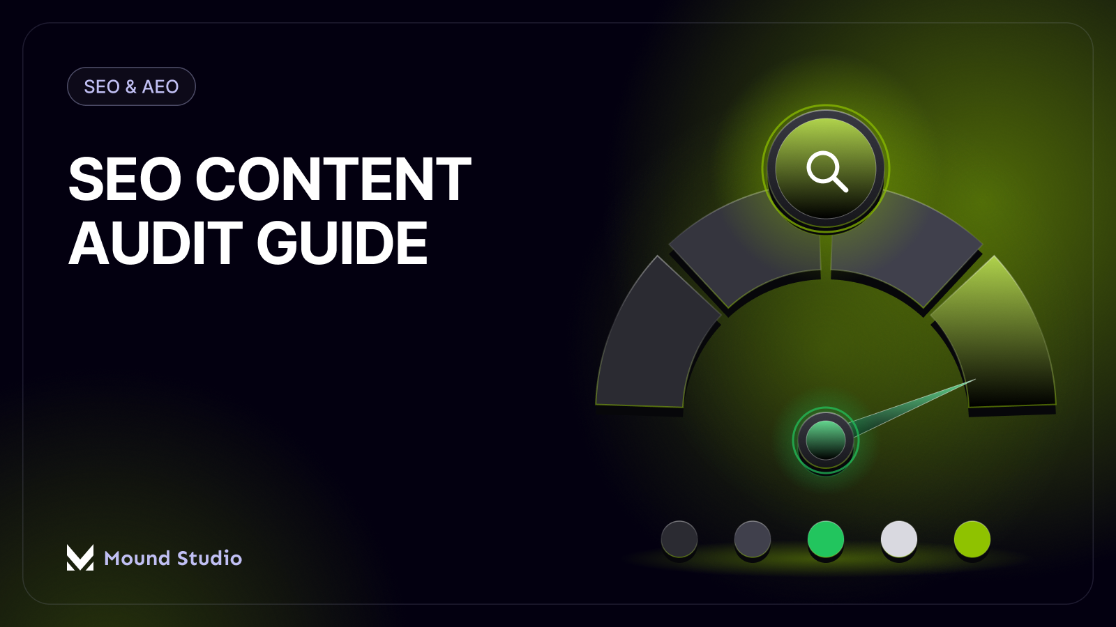 SEO content audit guide thumbnail with a green gauge score meter, by Mound Studio