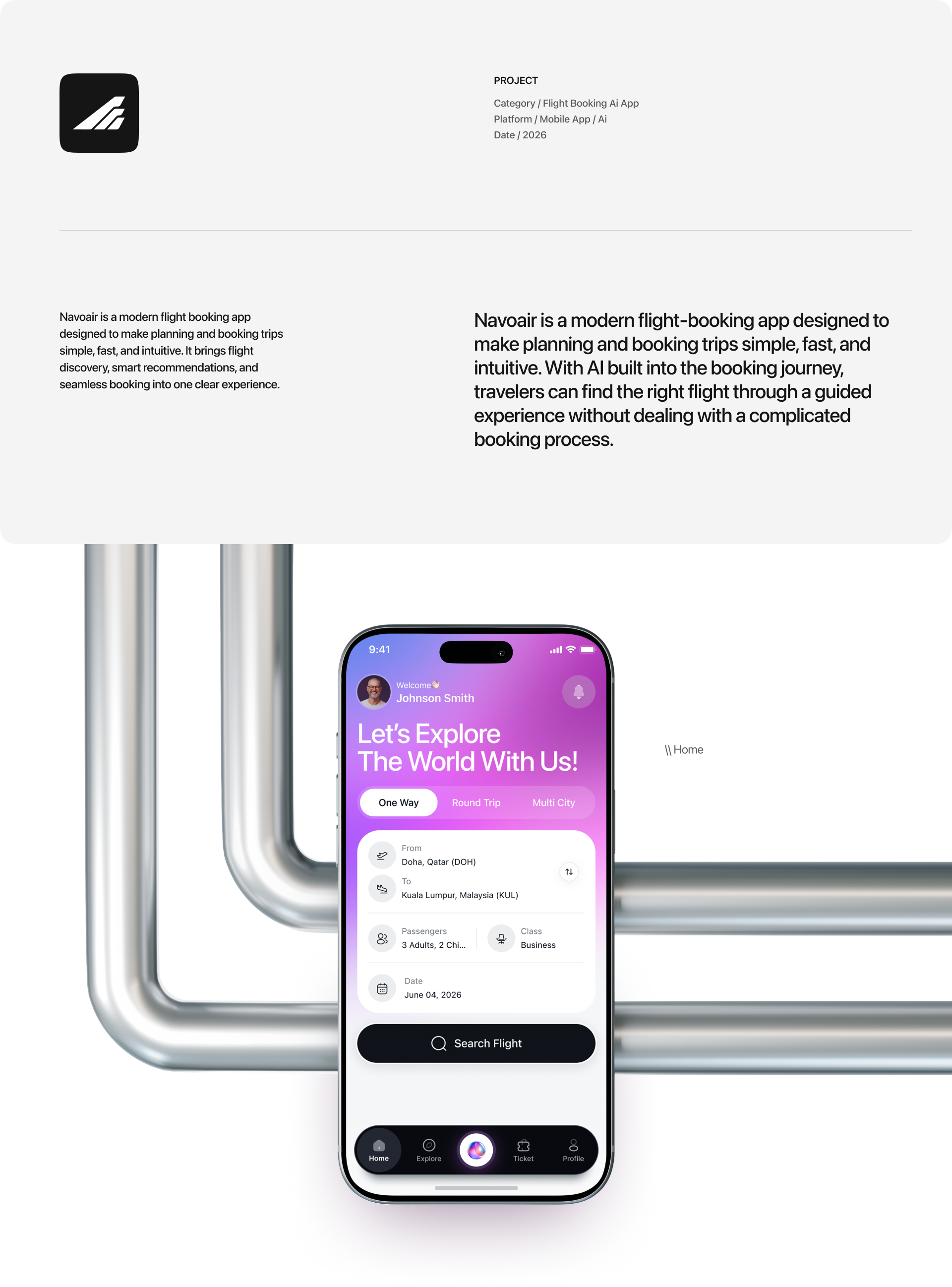 Navoair AI flight booking mobile app design by Mound Studio