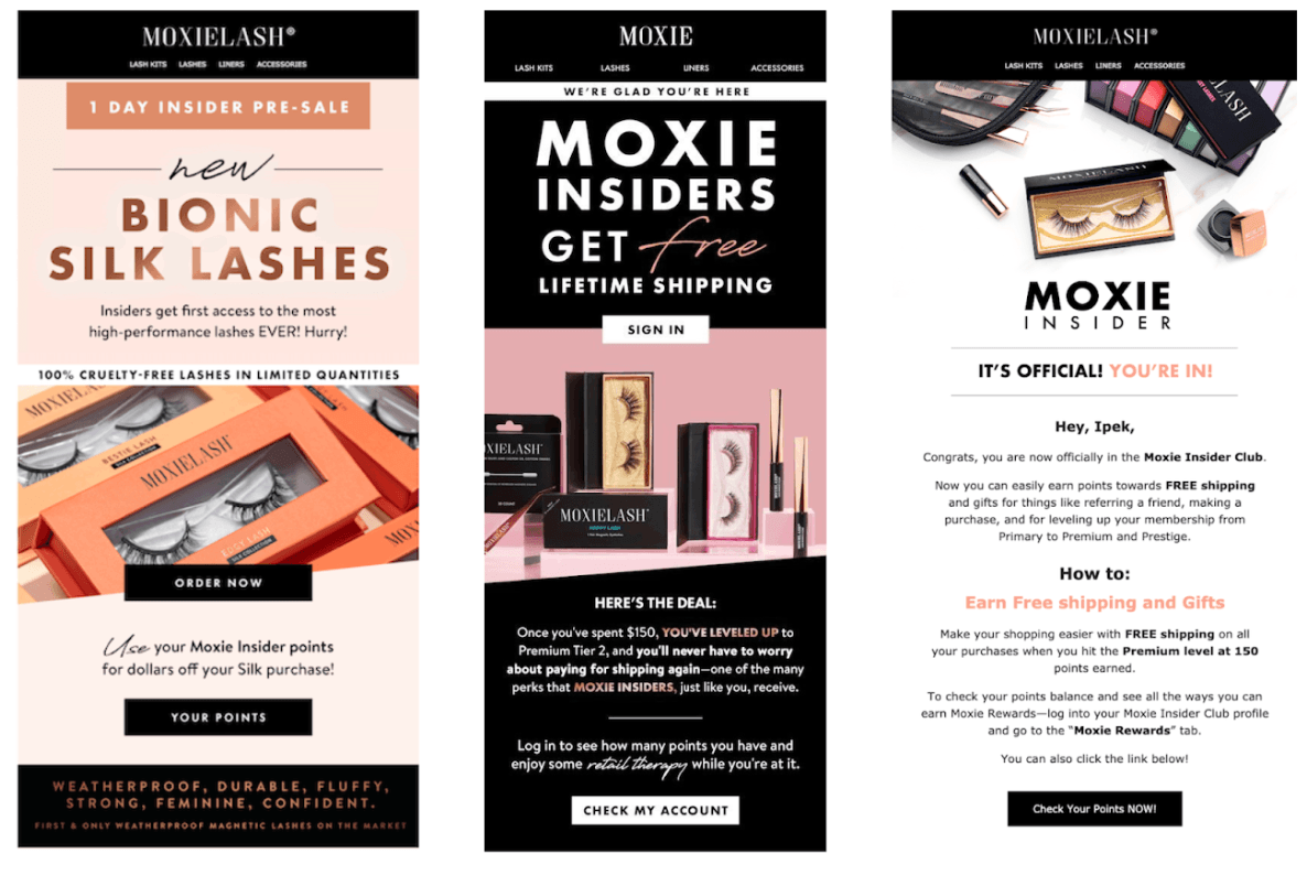 Screenshots of three MoxieLash Insiders emails. The first of the emails - all three of which use bold colors and striking headings to grab the audience's attention - announces a new product launch. The second explains that MoxieInsiders members get free lifetime shipping. The third is the introductory email new members receive, which pushes the reader to follow a link to learn how to earn free shipping and gifts.