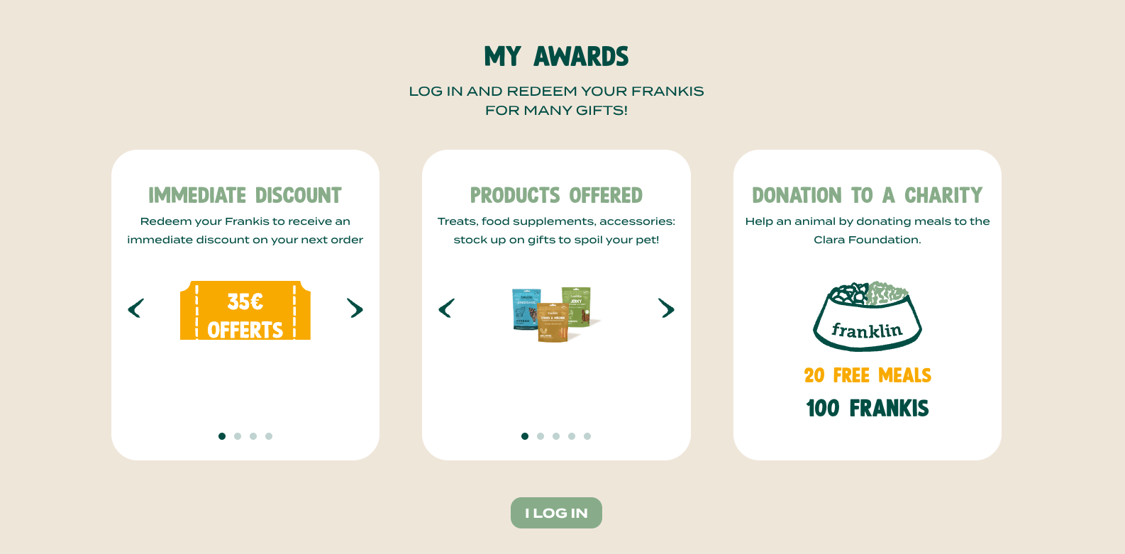 A screenshot of Franklin Pet Food's rewards, including discount, free products, and charity donation