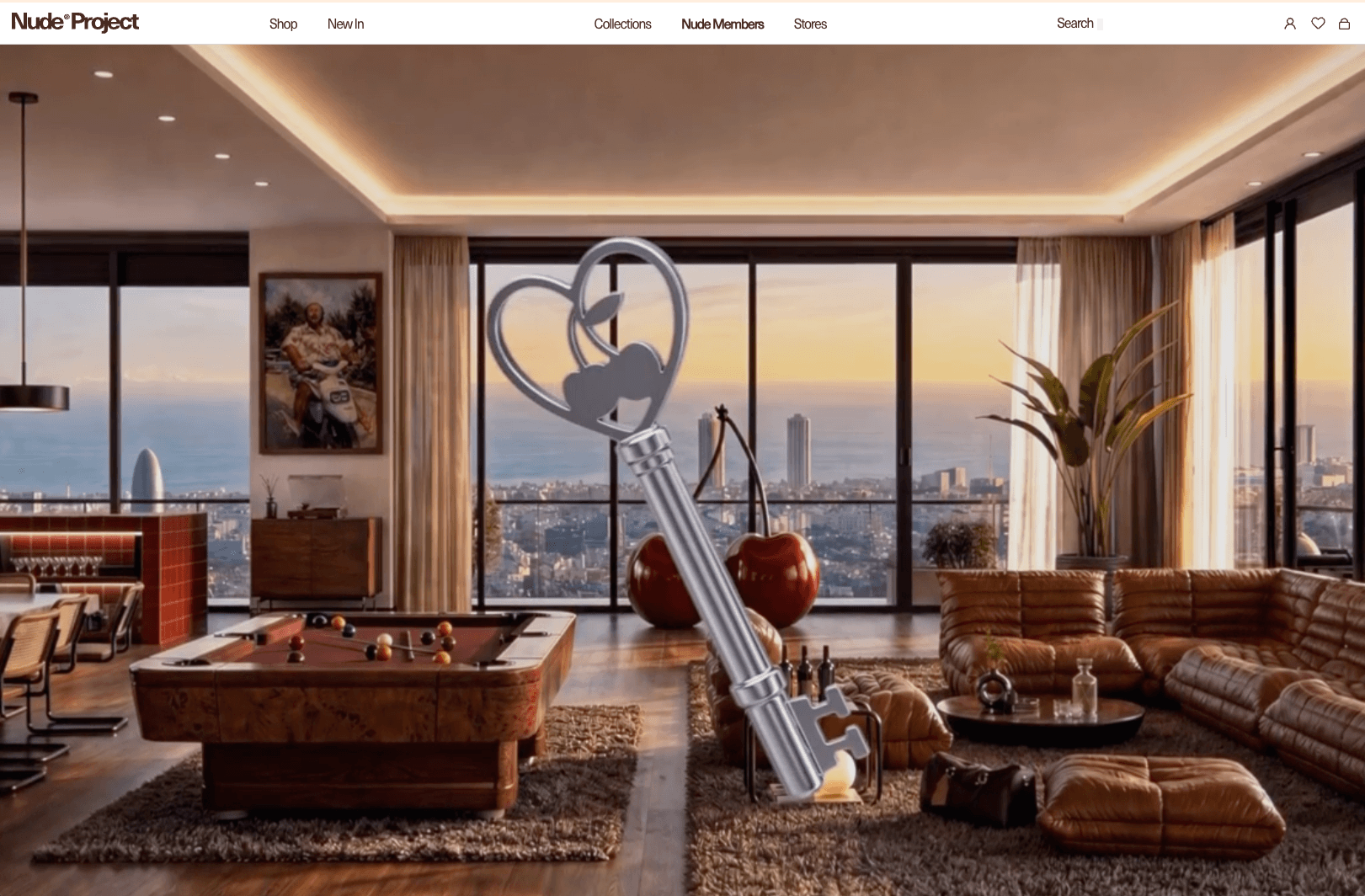 A still of Nude Project's loyalty page which features rotating keys in stylish apartments