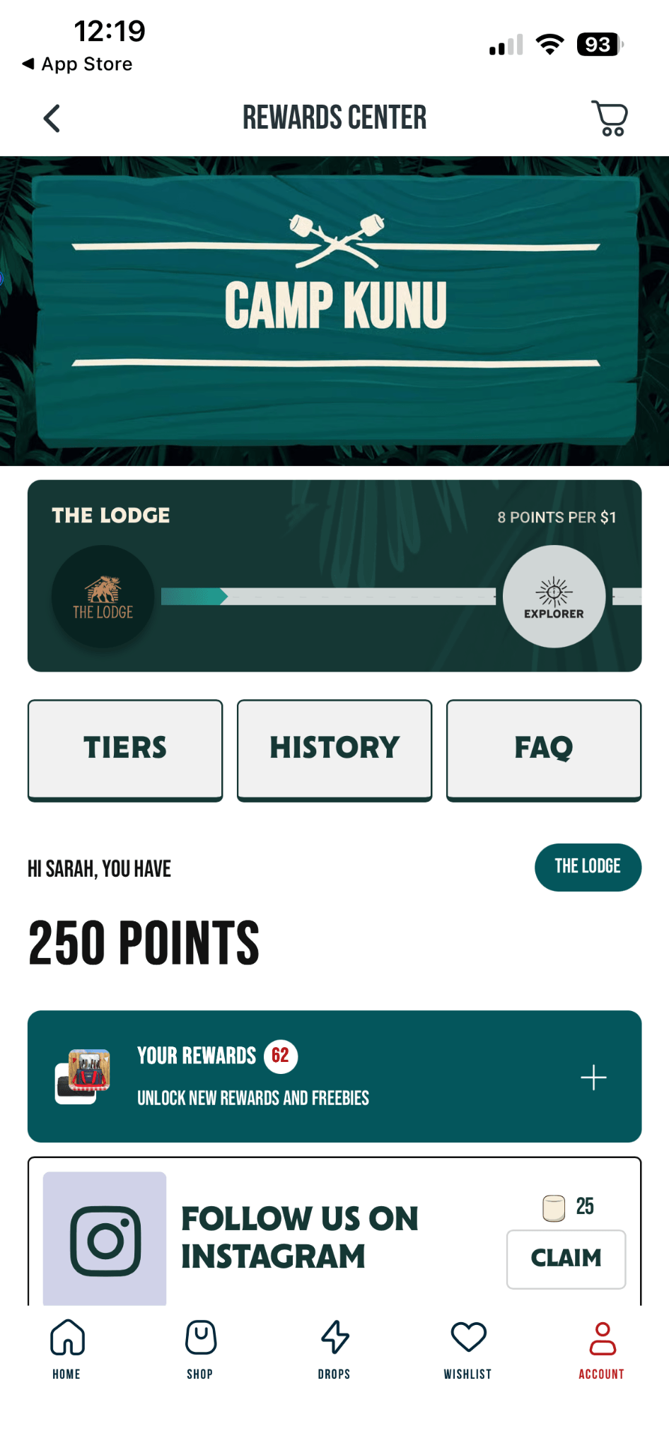 A screenshot of RSVLTS "Camp Kunu" loyalty program member portal in their app, displaying points balances, rewards, and the user's loyalty tier