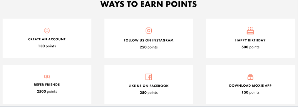 A screenshot from MoxieLash's website showing the various ways to earn points. These include: creating an account (150 points); following MoxieLash on Instagram (250 points); having a birthday (500 points); referring a friend (2,500 points); liking MoxieLash on Facebook (250 points); downloading the Moxie app (150 points).