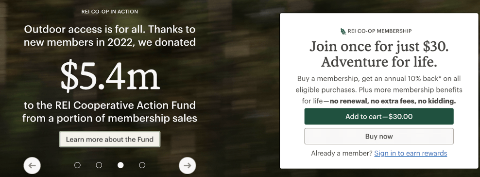 A screenshot from REI's website explaining how "Co-op membership" works. On the right, readers can add loyalty program membership to their cart for $30 - a one-off payment for lifetime access. On the left, the page explains how much was donated to the REI Cooperative Action Fund thanks to loyalty program sign-ups.