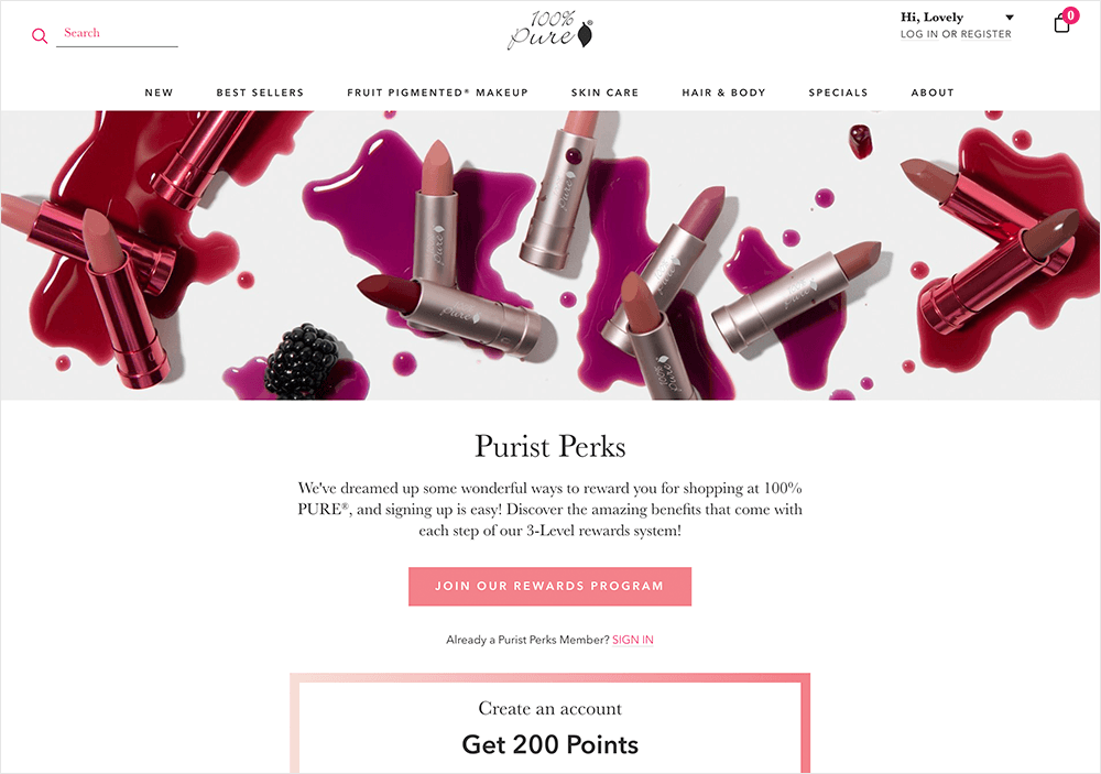 A screenshot from the 100% Pure website, advertising the "Purist Perks" loyalty program. From the screenshot, you can see that creating an account earns 200 points.