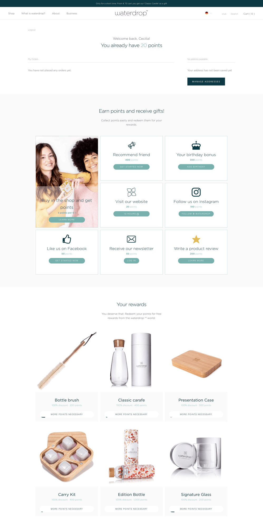A screenshot from Waterdrop's website showing how many points the user has, and how they can earn more points. These rewarded actions include: recommending a friend (400 points); birthday bonus (300 points); visiting the website (20 points); following Waterdrop on Instagram (100 points); liking Waterdrop on Facebook (50 points); signing up for the newsletter (50 points); and writing a product review (200 points). The review button is subtly emphasised with a gold star icon - the other icons are monochrome. Below these buttons, users can browse the specific rewards their points balance entitles them to, including bottle brush, classic carafe, signature glass and presentation case.