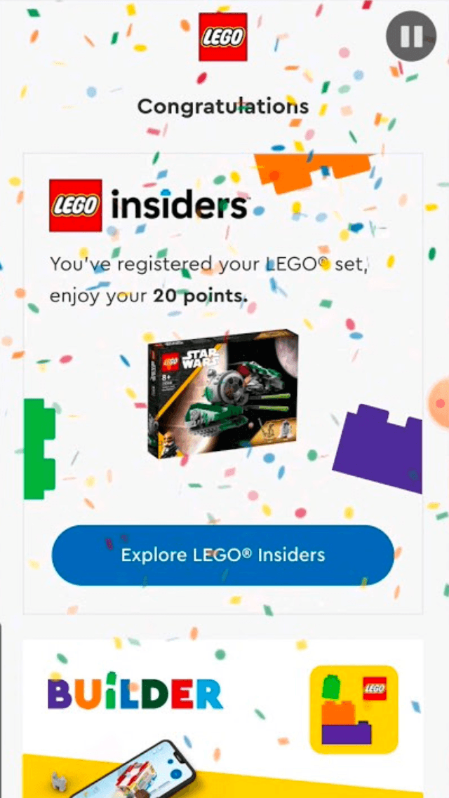 A screenshot of the LEGO Insider loyalty program in action: the customer is shown a message saying "You've registered your LEGO set, enjoy your 20 points". Beneath the message is a link inviting the user to "Explore LEGO Insiders".