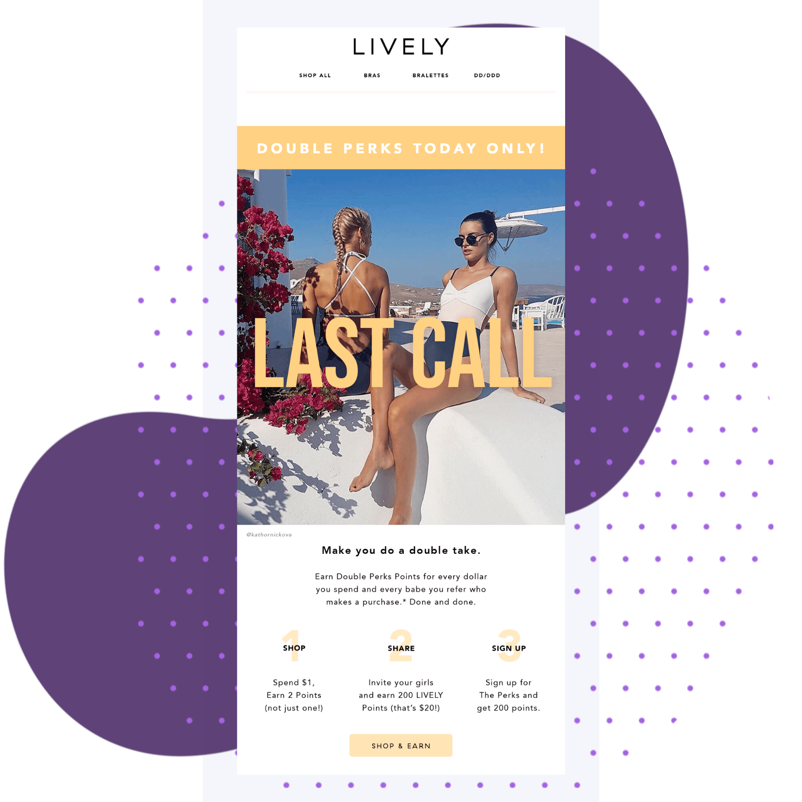 A screenshot of a page on Lively's website offering double points for one day. Readers are invited to "shop" - earn 2 points for every $1 spent; "share" - earn $200 for every customer they refer; and "sign up" - earn 200 points by signing up for "The Perks".