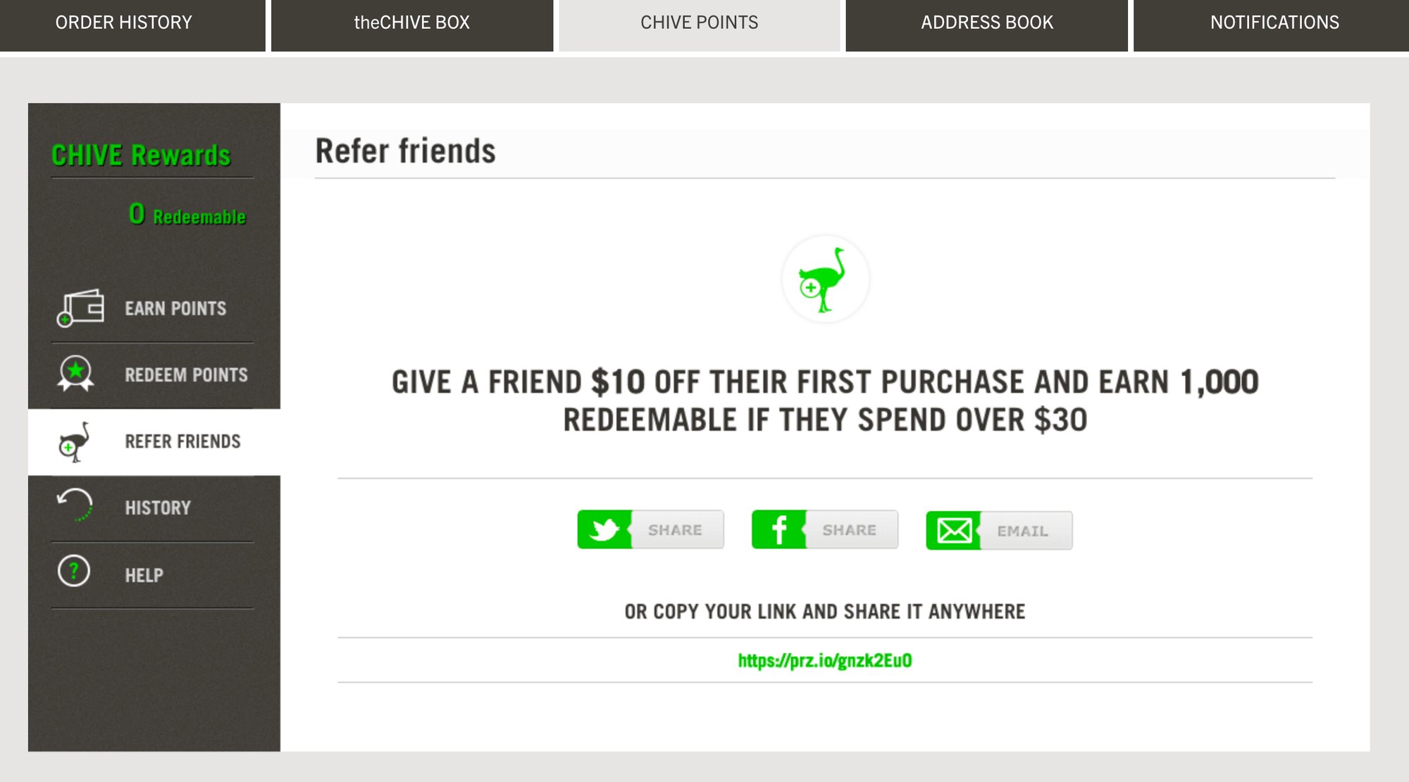 A screenshot from TheCHIVE's loyalty program interface that shows the available rewards for referring a friend. Referred customers get $10 off their first purchase, and referrers earn 1,000 points if their referred friends spend over $30.