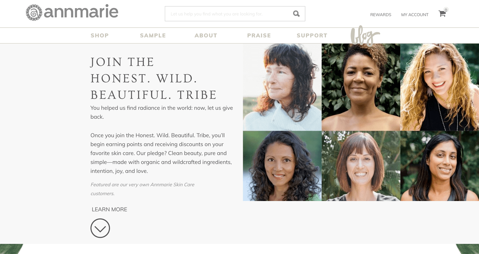 A screenshot of the Wild and Beautiful Collective page from Annmarie's website. It features a collage of photographs of Annmarie customers, and invites readers to "JOIN THE HONEST. WILD. BEAUTIFUL. TRIBE", through which they can earn points and discounts.