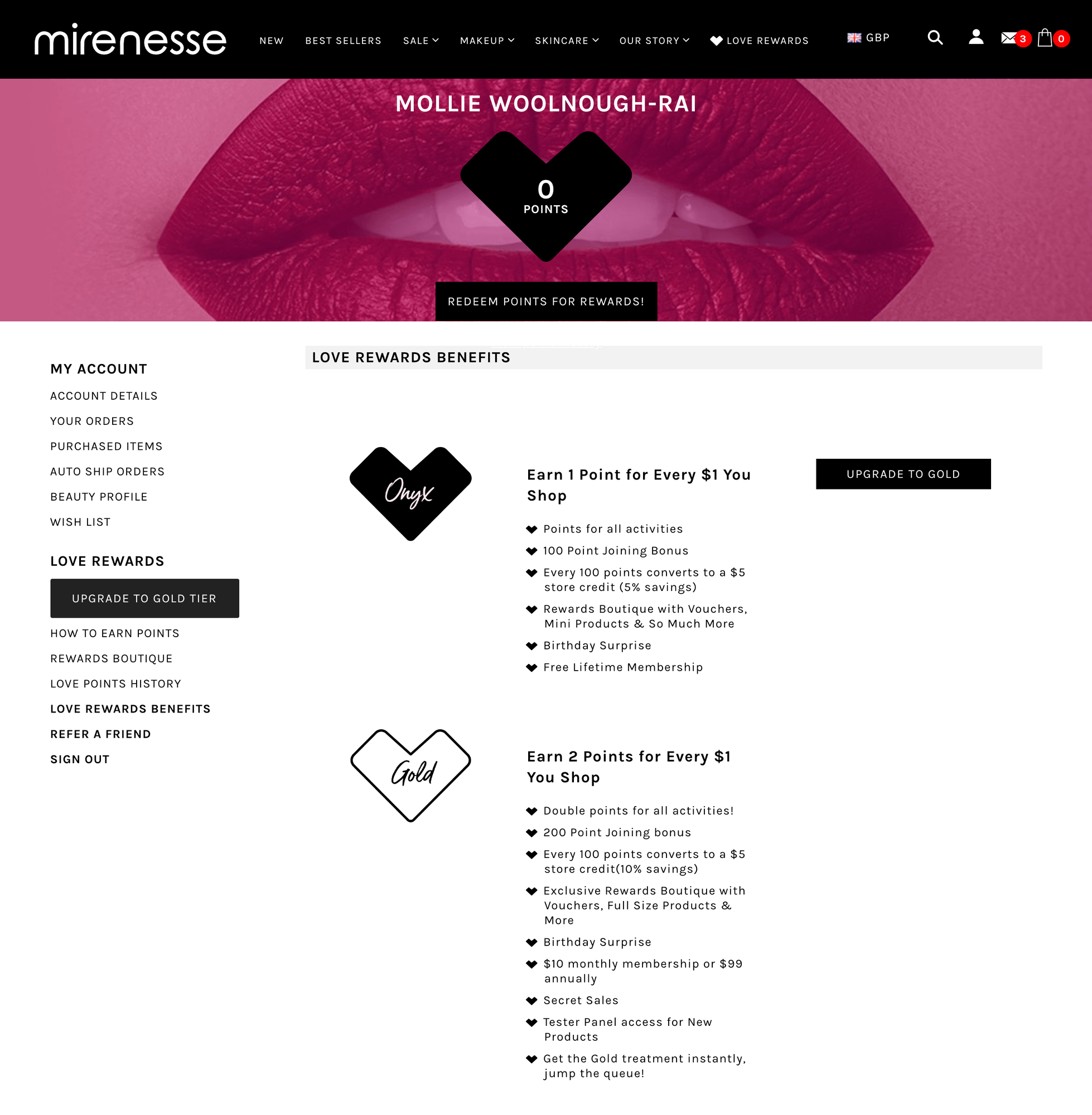 A screenshot of the page on Mirenesse's website on which users can upgrade their loyalty program membership to "Gold". The upgrade, which cost $10 a month, or $99 if paid annually, includes double points, exclusive rewards, secret sales and access to a tester panel for new products.