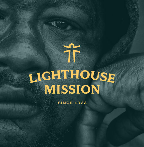 Close-up of a man's face resting on his hand with Lighthouse Mission logo and text overlay.