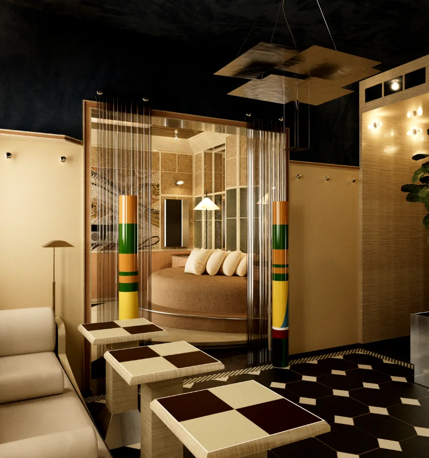 Open-plan living area featuring a bedroom with a round bed, separated by a silver string curtain beneath a pendant light made of gold-leaf panels.