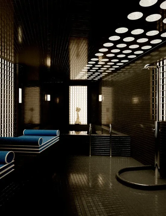 Espace bien-être tamisé au carrelage sombre, avec un plafond percé de spots ronds, une petite piscine et des banquettes de repos bleu roi.