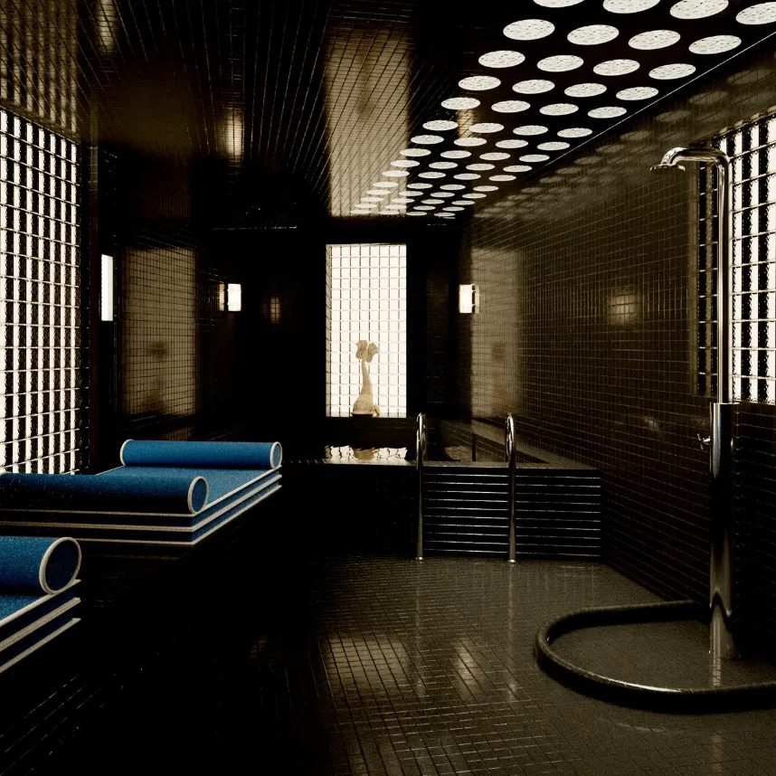 Espace spa en mosaïque noire avec un bassin, une douche chromée, des transats bleus et des murs en briques de verre lumineuses.