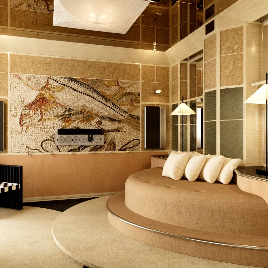 Chambre aux tons sable avec un lit rond sur estrade, une mosaïque murale de poissons et un plafond en miroir.