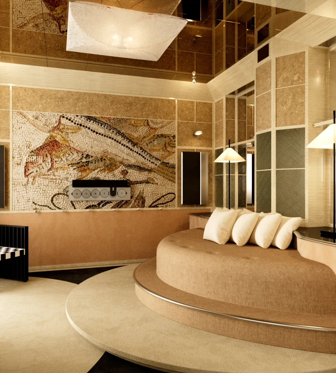 3D perspective of a retro-luxe bedroom, featuring a hi-fi system built into a navy mosaic wall, a circular bed, and a reflective copper ceiling.