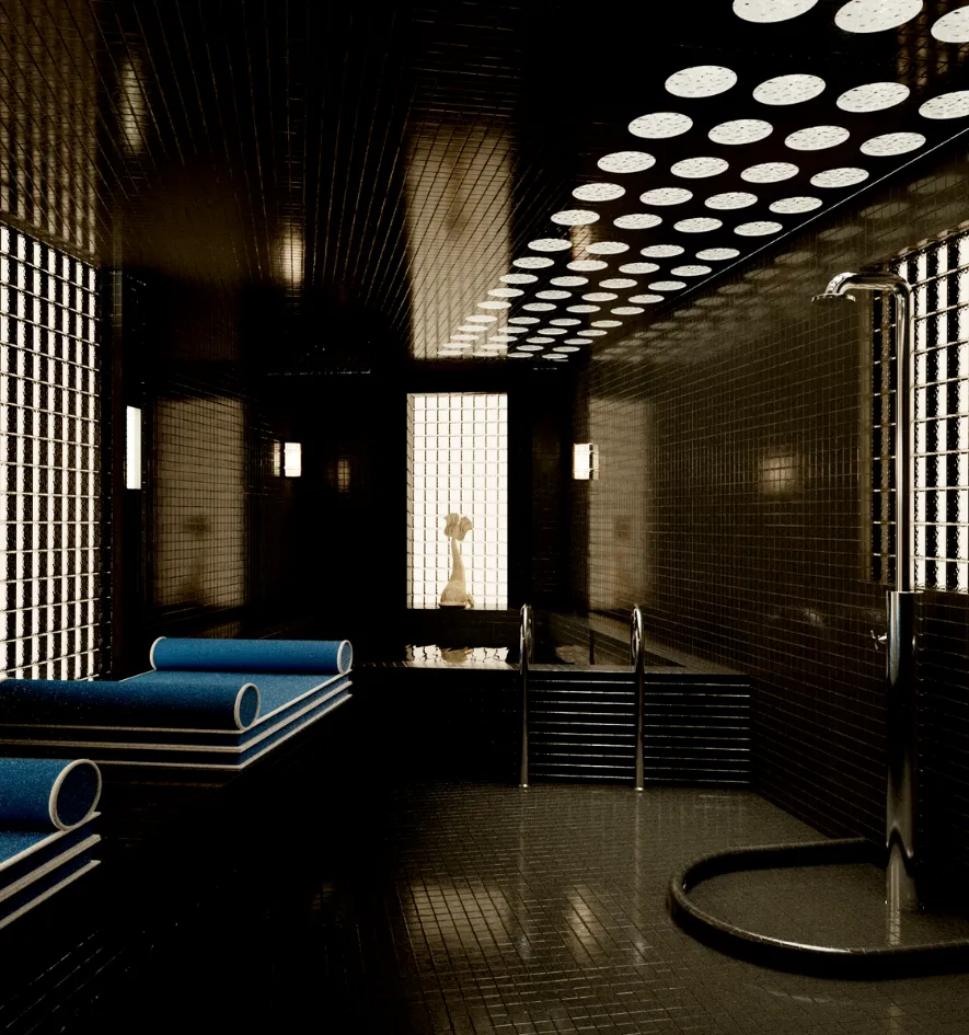 Hotel spa featuring black tiling throughout, a walk-in shower, a pool with a chrome ladder, and a white sculpture set in an illuminated niche.