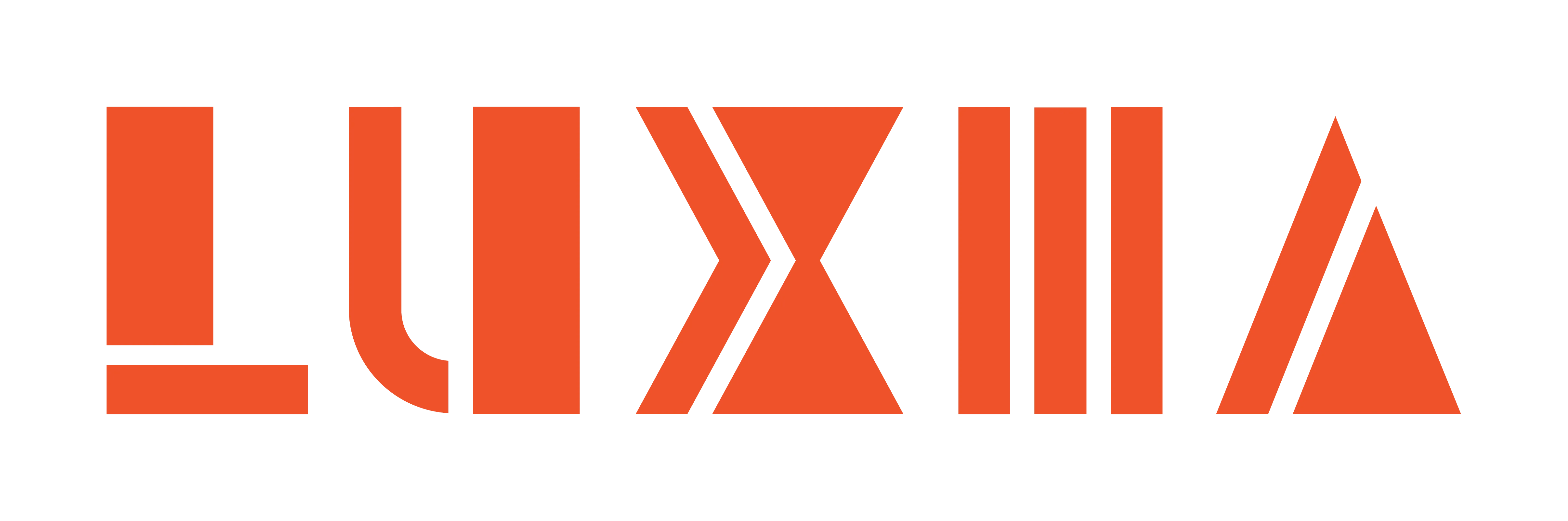 Luxia logo in orange geometric letters on a white background.