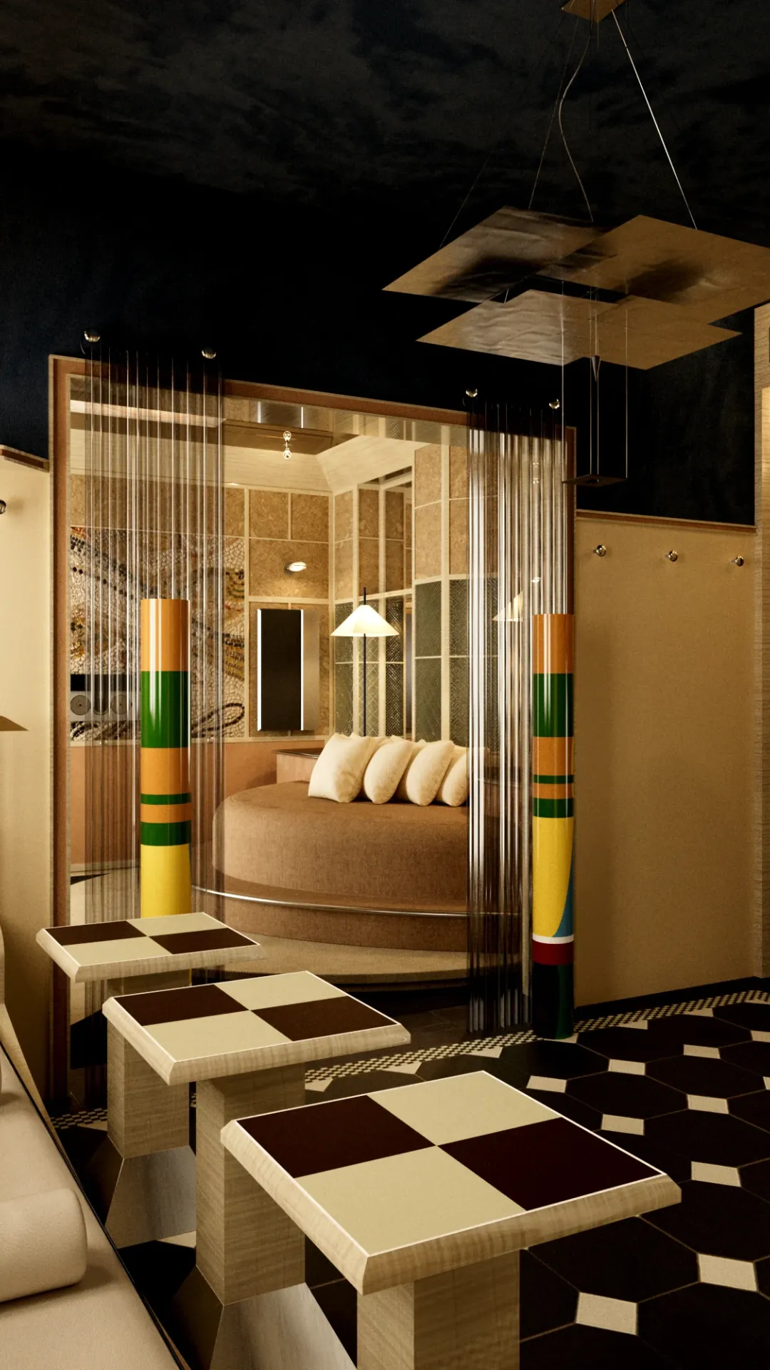 Hotel Luxia common area in Montmartre with a string curtain, gold pendant light and checkerboard tables, FAQ