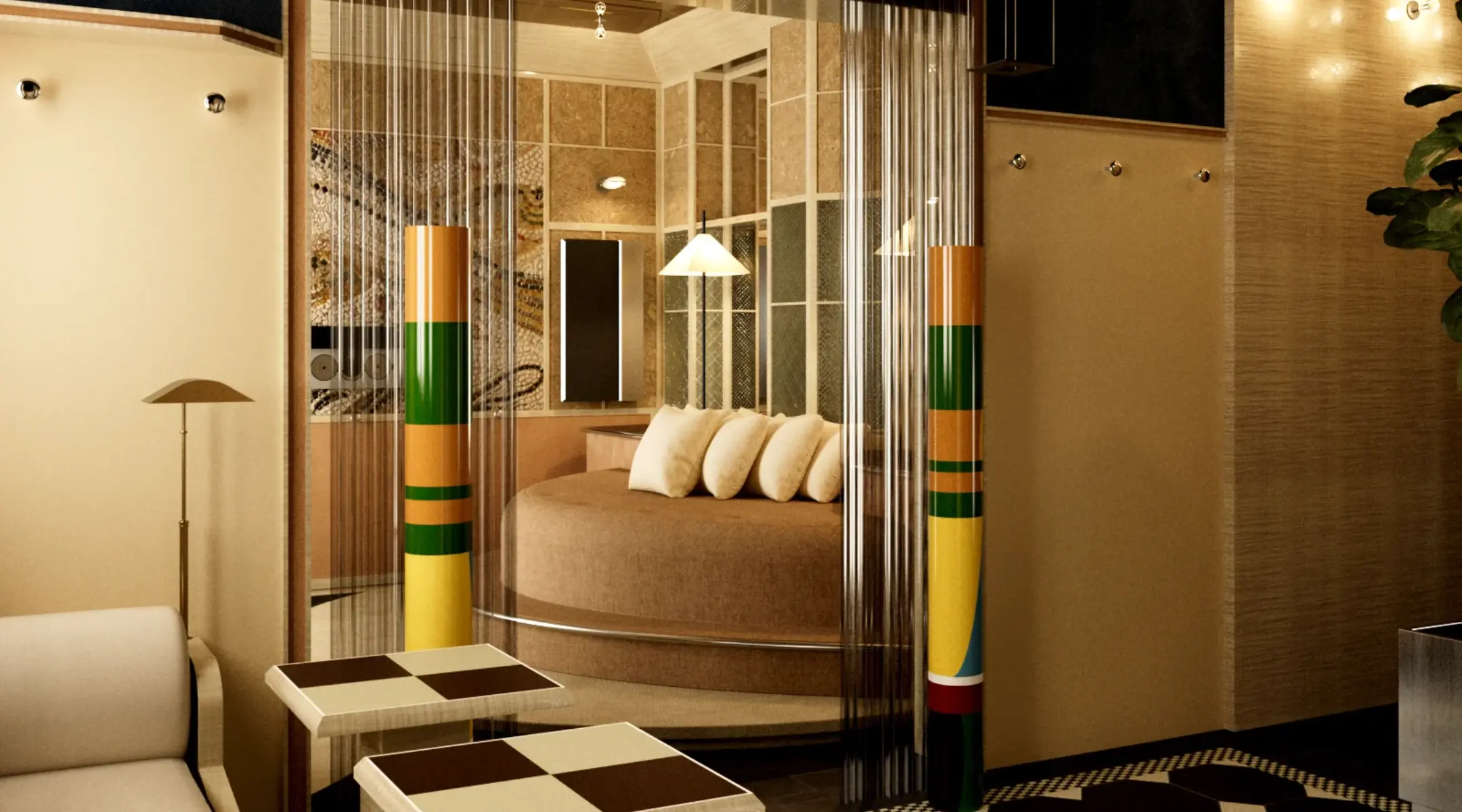 Hotel Luxia lounge in Montmartre with a round banquette, striped columns and checkerboard tables, FAQ