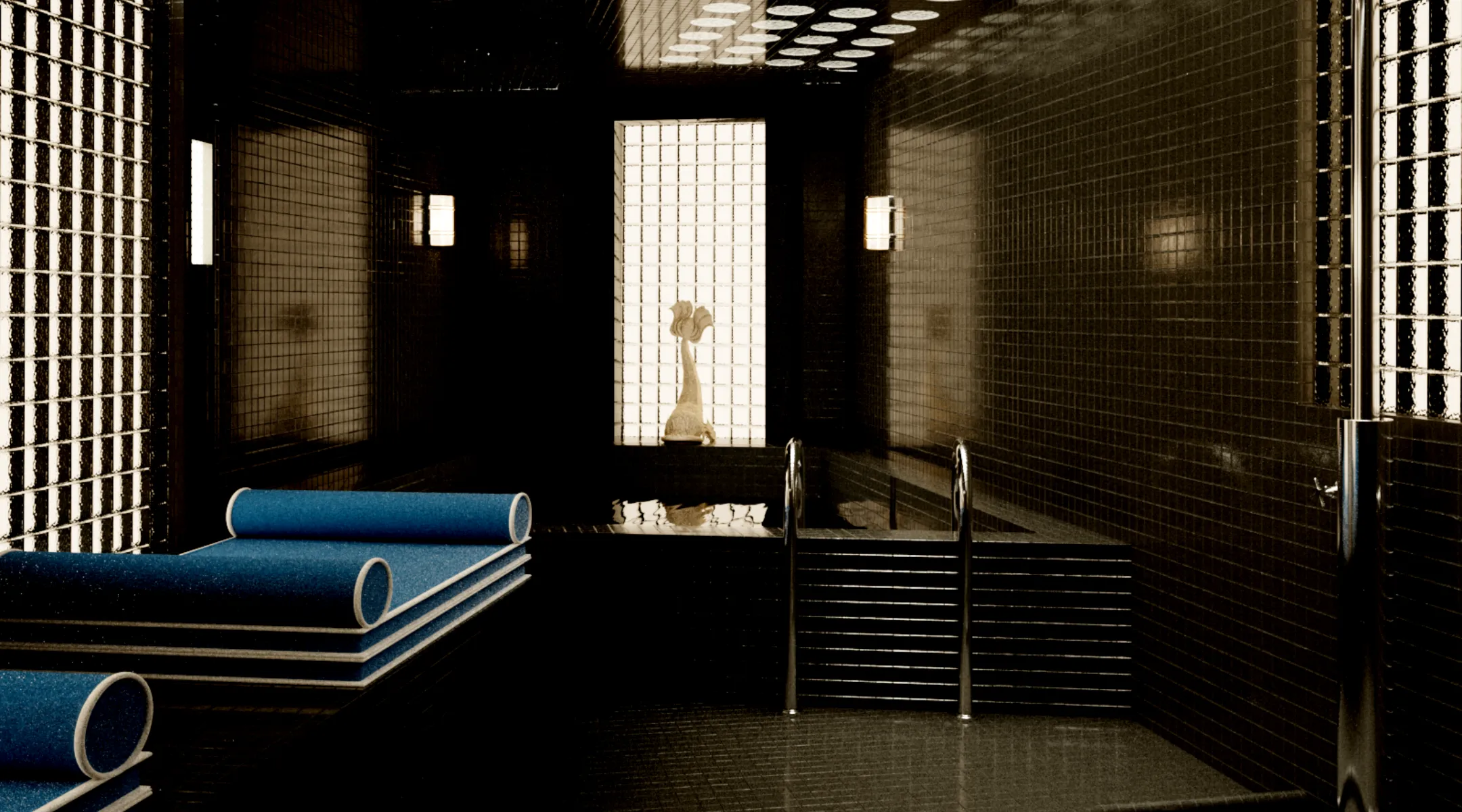 Spa in Montmartre at Hotel Luxia: black mosaic pool, glass blocks and blue loungers