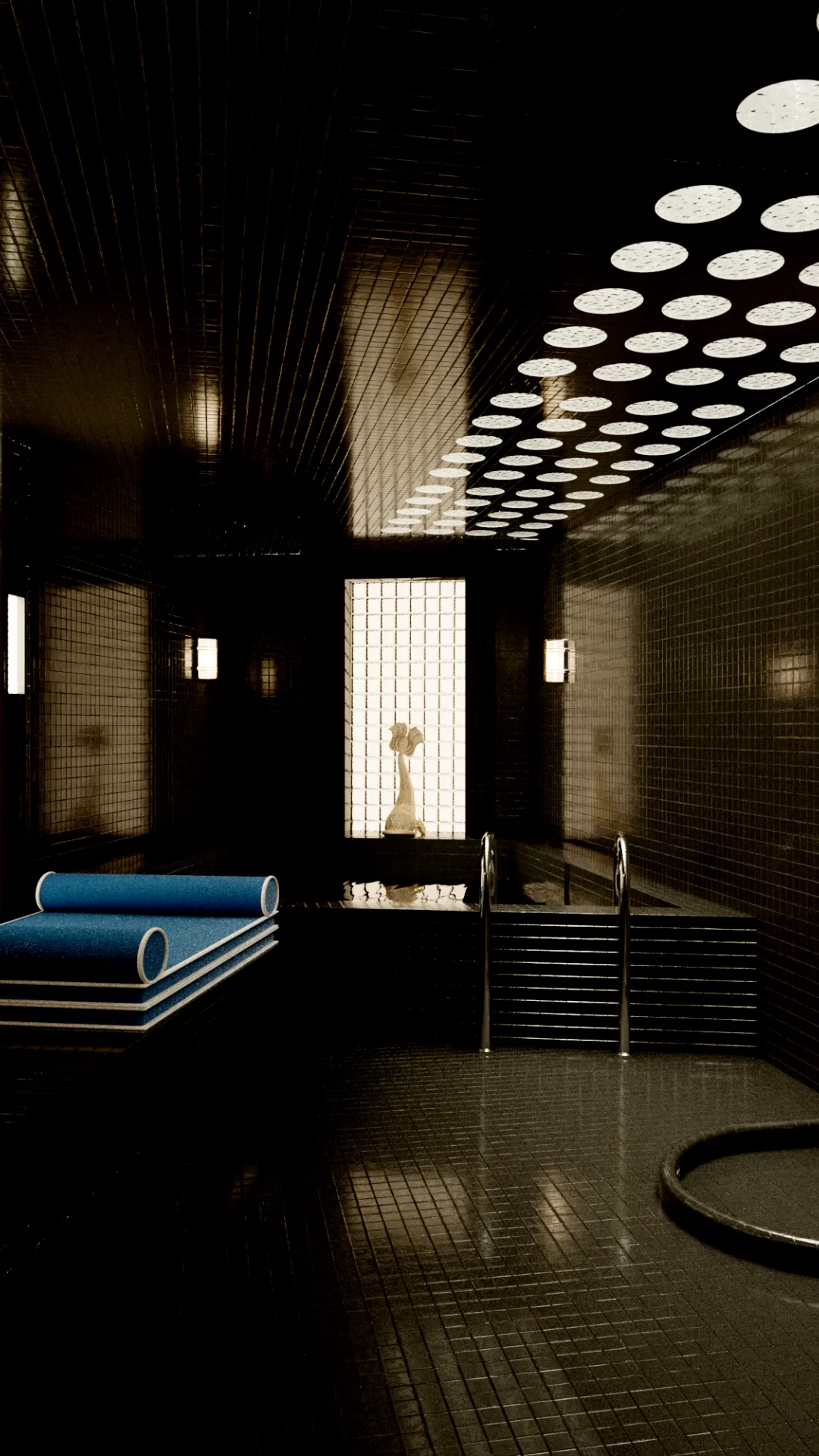 Pool at Hotel Luxia's spa in Montmartre with a dotted light ceiling and glossy black tiles